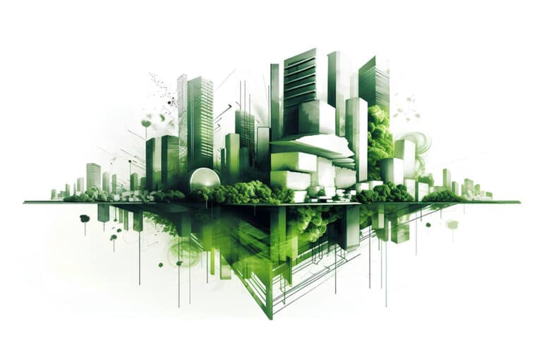 Illustration of floating city with green buildings