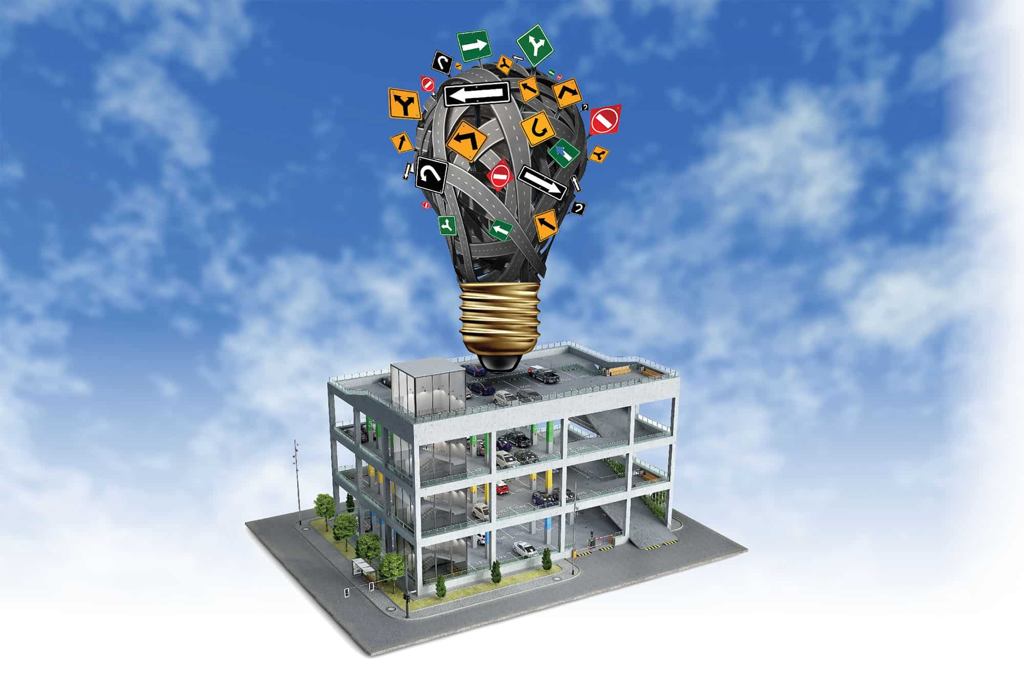 Illustration of parking garage with massive light bulb on top constructed out of roads and road signs