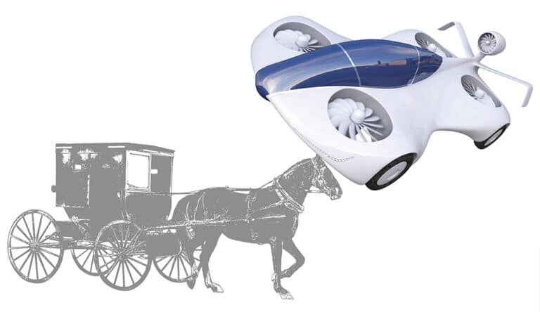 illustration of horse and buggy and a flying car