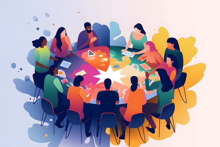 colorful illustration of diverse group of people sitting around an office table