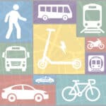 A variety of transportation icons on a colorful background designed by Kevin White.