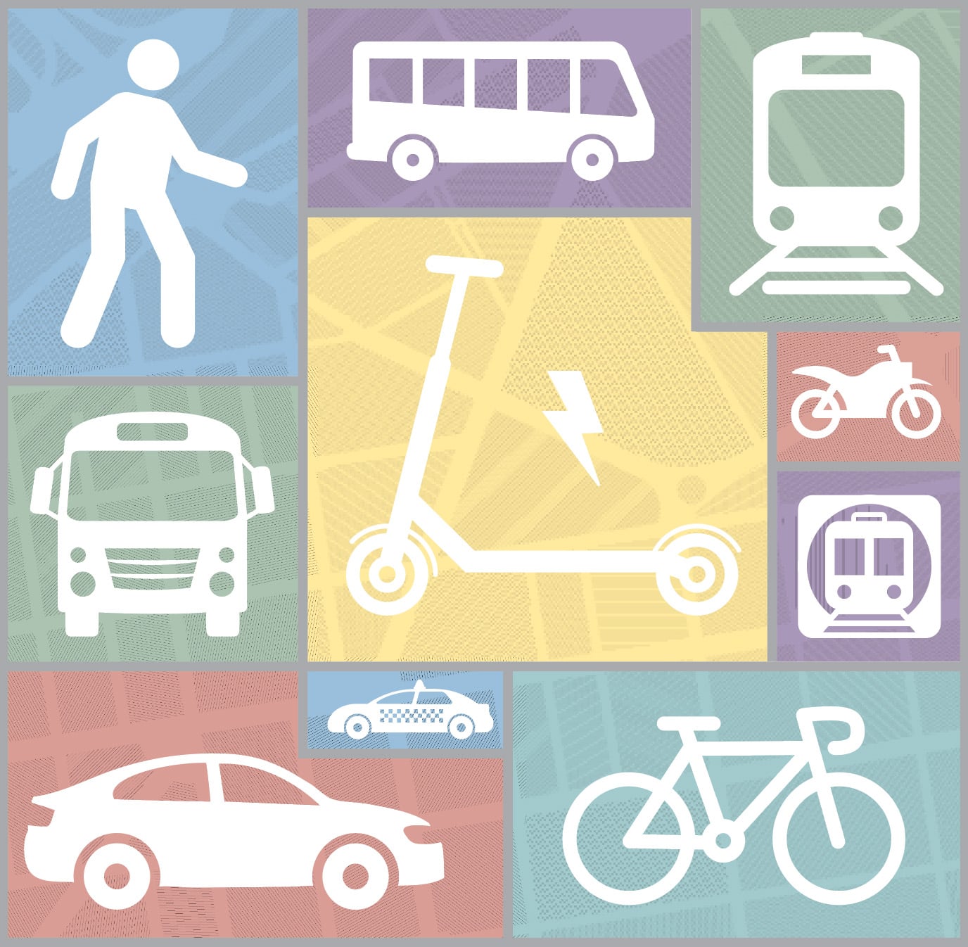 A variety of transportation icons on a colorful background designed by Kevin White.
