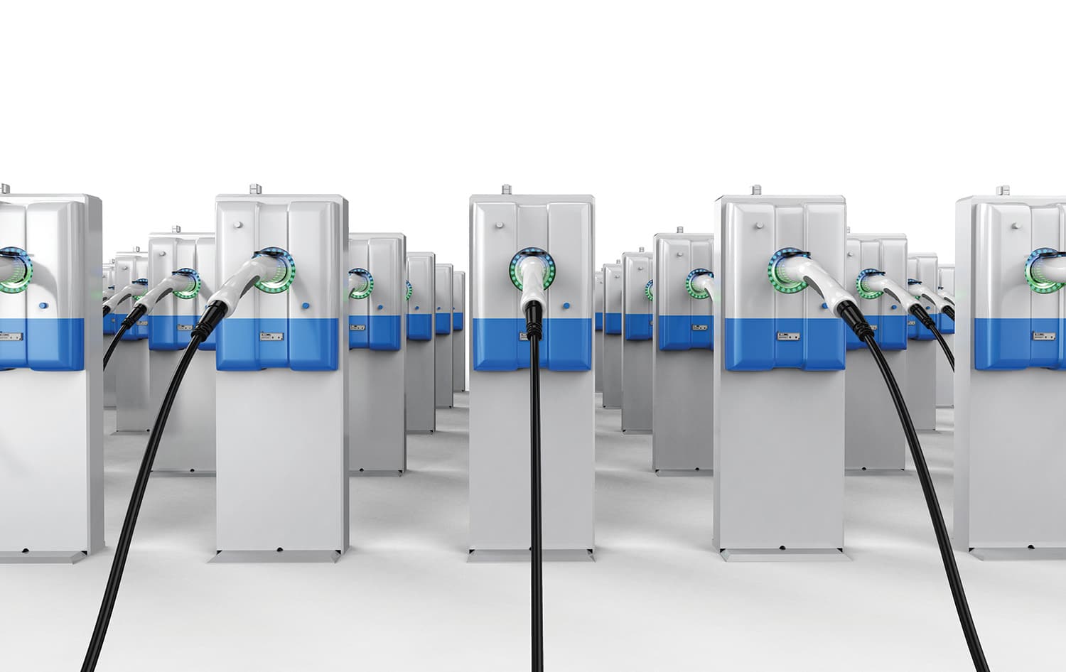 A row of electric charging stations with blue and white cables.