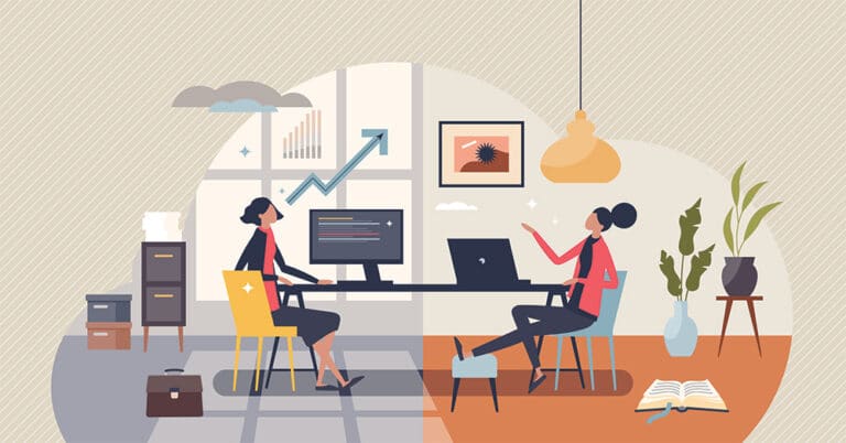 Illustration of woman working in office and another woman working from home