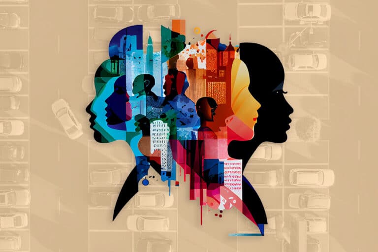 A poster promoting transportation equity and mobility, featuring silhouettes of women in a city.
