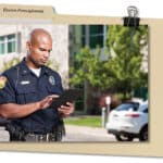 An image of a photo clipped to a file folder. The photo is of an african american male police officer using a tablet.