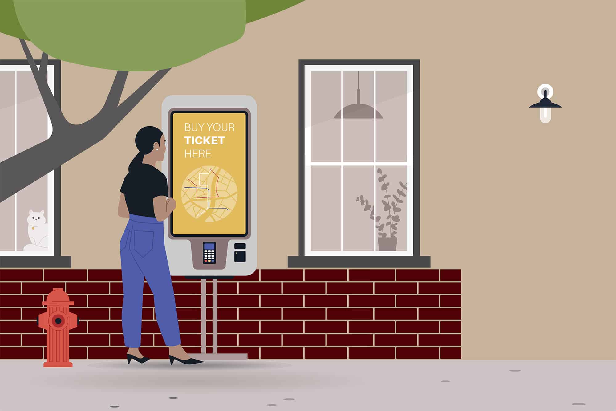 Vector illustration of a woman standing in front of a pay station on a residential city sidewalk
