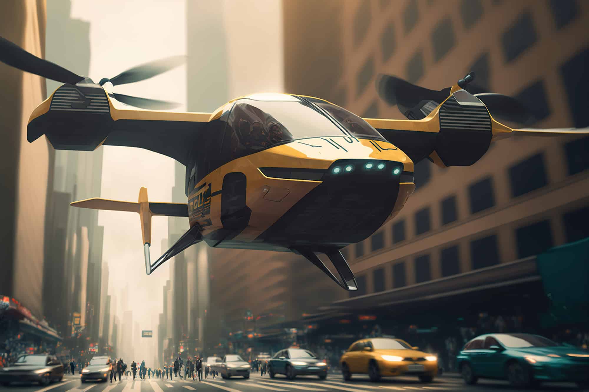 Realistic illustration of a futuristic, flying taxi cab in the city