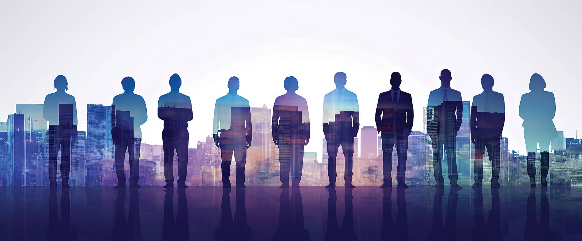 Silhouettes of business people overlayed in front of a city backdrop.