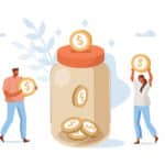 Illustration of a group of people putting money into a giant jar.