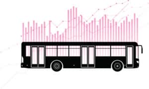 Black bus silhouette with a background of rising pink bar and line graphs.