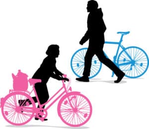 Minimalist illustration featuring a child walking a pink bicycle, and an adult walking beside a blue bicycle.
