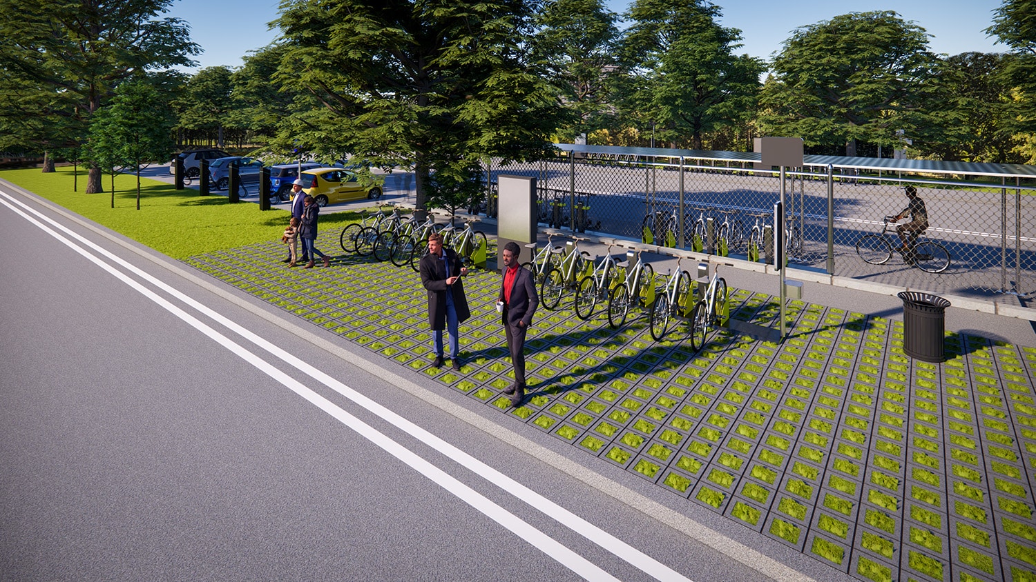 Green urban design with bike sharing, parking, and pedestrians in a sunny setting.