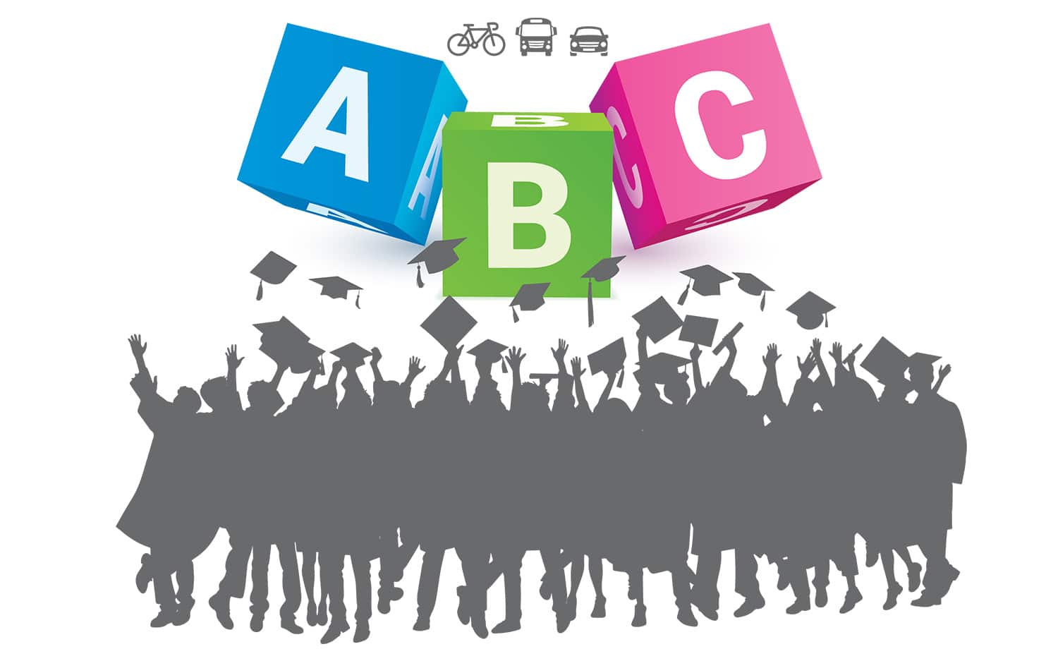 Colorful blocks 'A', 'B', 'C' with bike, cars, and cap symbols. Silhouetted graduates below.