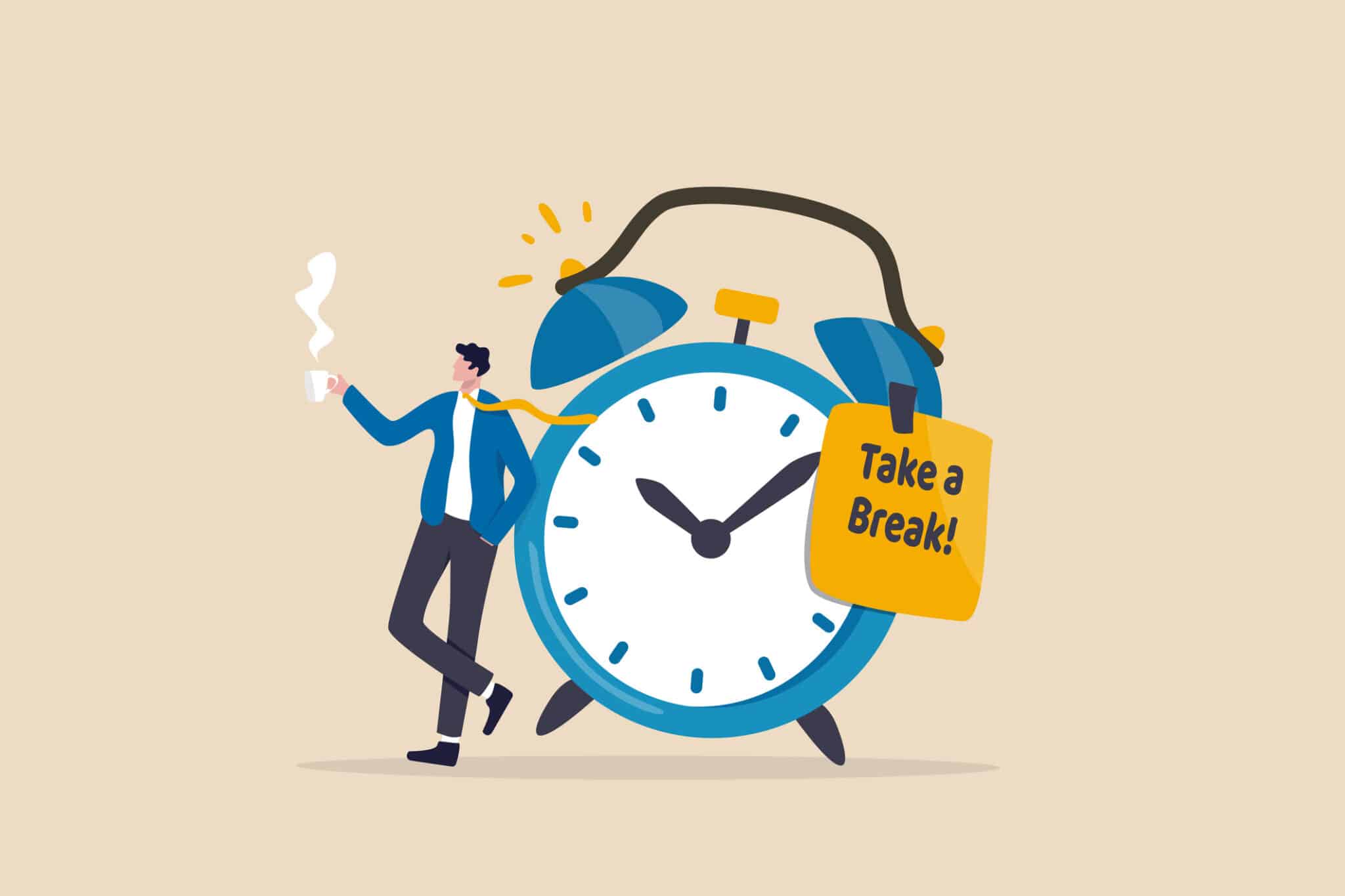 A timeless man in a suit is standing next to a clock, reminding individuals to take a break.