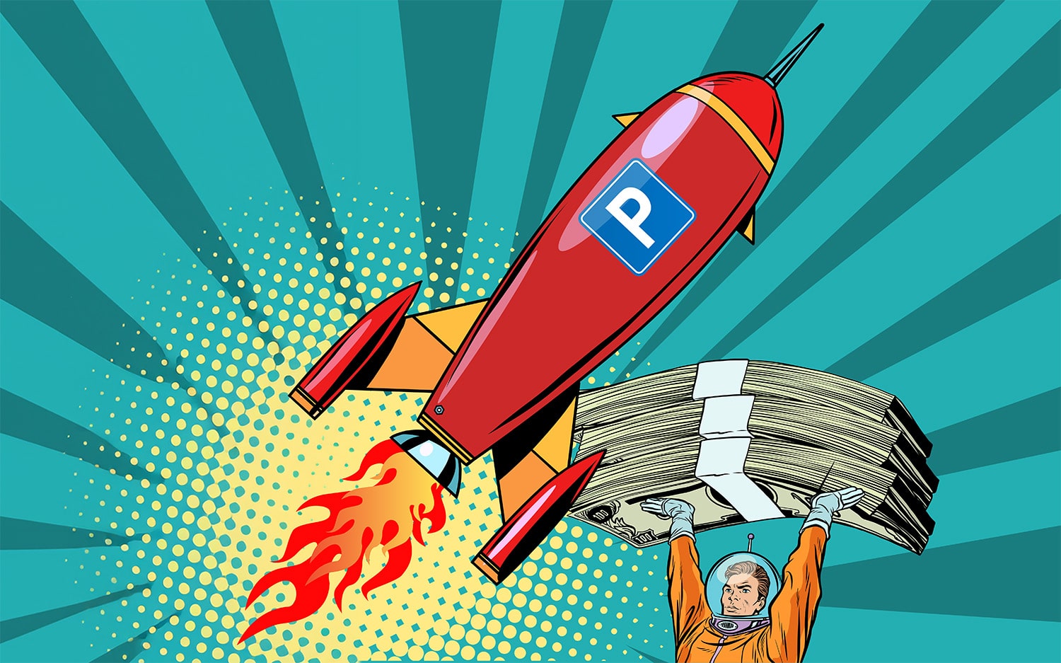 Retro comic style image of a rocket with a parking sign, and astronaut with money.