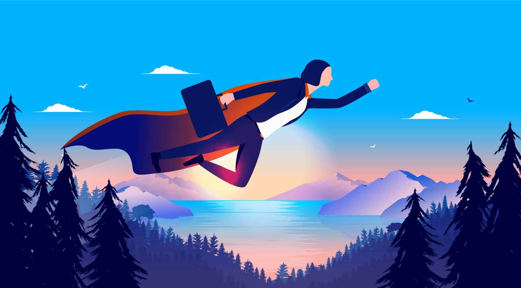 A businessman with superpowers, wearing a cape, soaring through the sky over a tranquil lake.