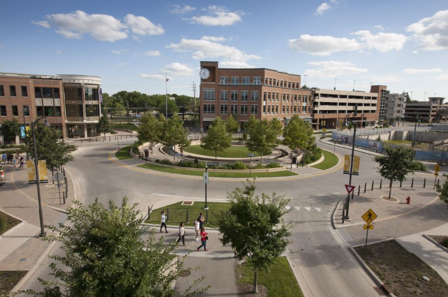 An aerial view of Uptown Normal roundabout in IL.