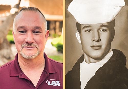 Two photos of a man in a sailor's hat posing alongside veterans in a parking lot.
