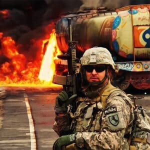 A soldier is standing in front of a fire truck.