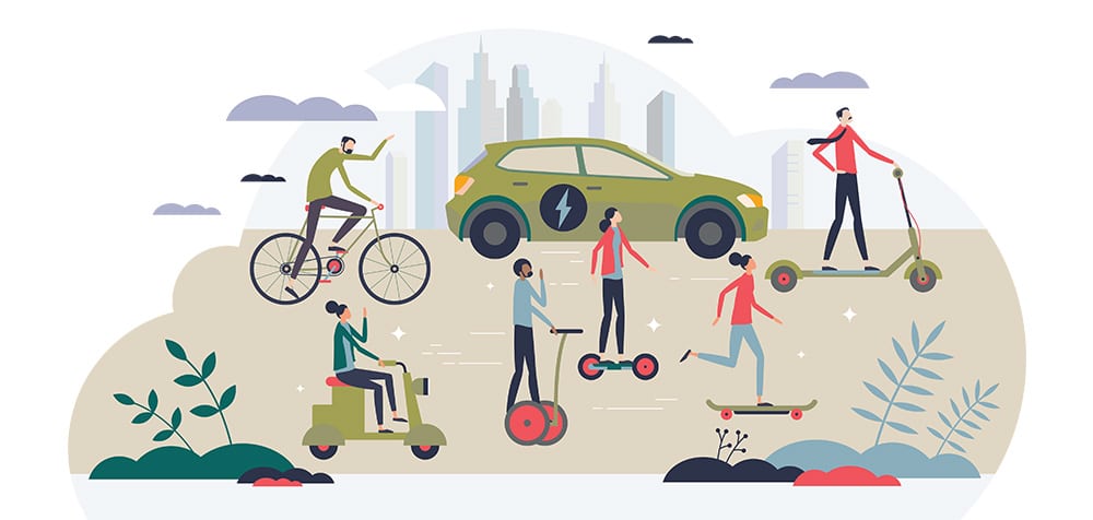 A flat illustration of people riding scooters and cars.