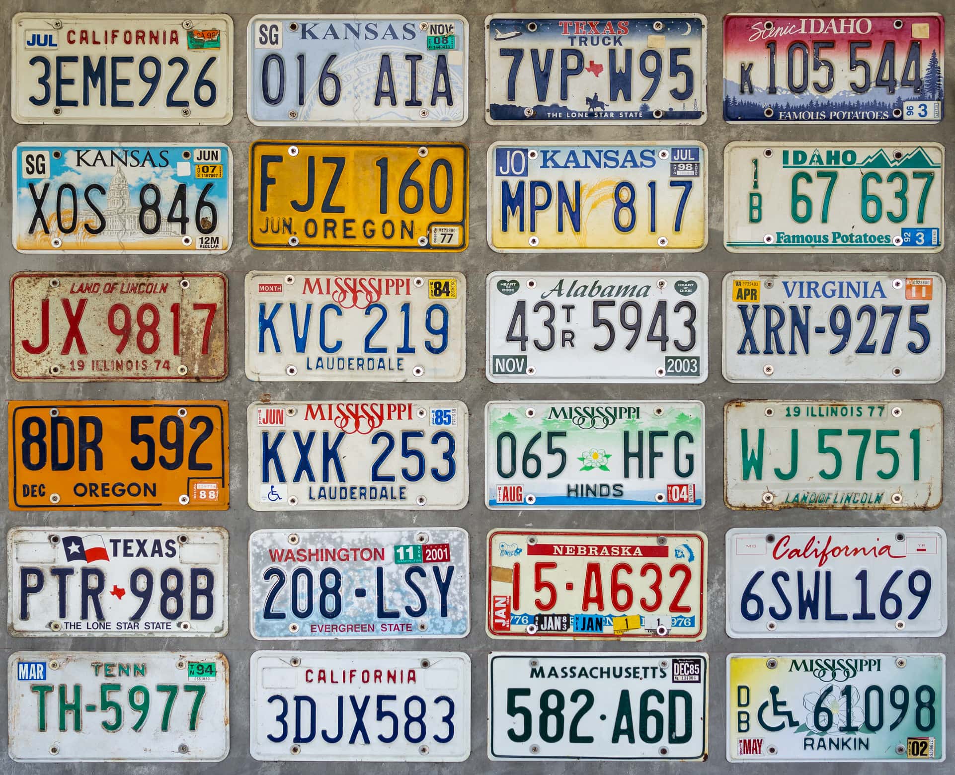 A collection of altered license plates on a wall representing road safety preservation efforts.
