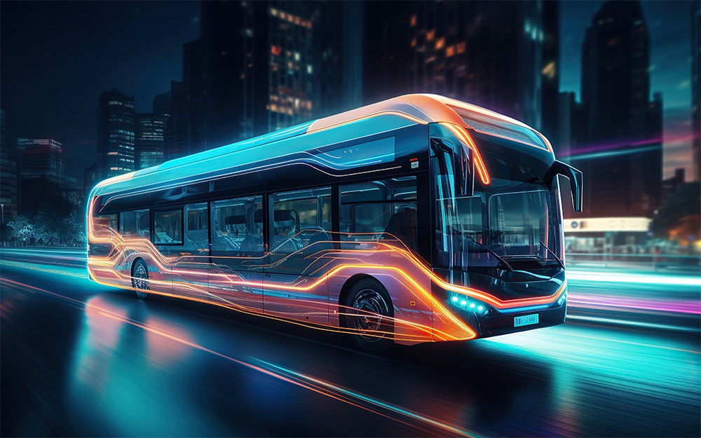 A futuristic bus driving on a road with lights.