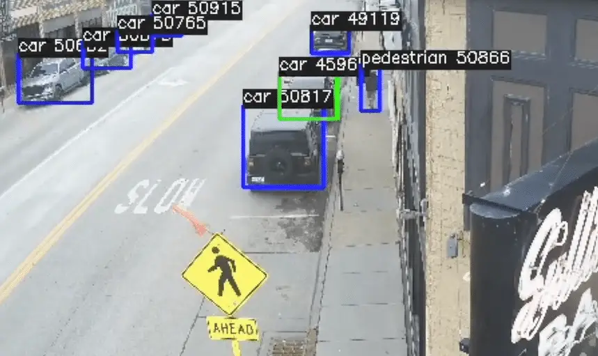 Traffic surveillance footage showing a pedestrian crossing with detected vehicles and one detected pedestrian, each with individual tracking identifiers and Real-Time Occupancy.