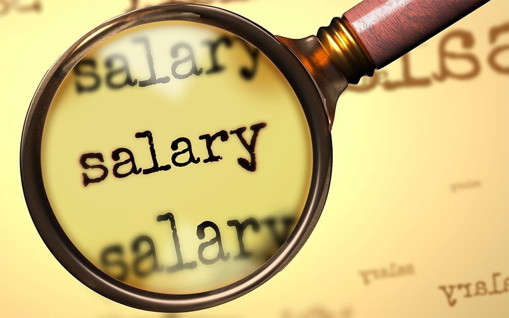 A magnifying glass with the word salary on it.
