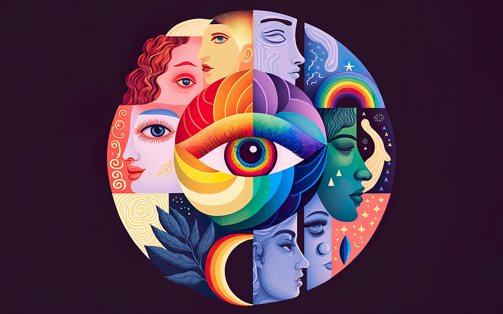 A colorful circular auto draft featuring a variety of stylized human faces and cosmic elements to symbolize diversity and unity.