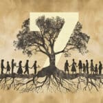 Silhouettes of people holding hands beneath a tree, with its roots and branches forming the shape of lungs on a textured background.