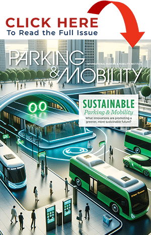 Cover of "urban mobility & smart cities" magazine highlighting sustainable parking and mobility solutions, featuring electric vehicles and futuristic infrastructure.