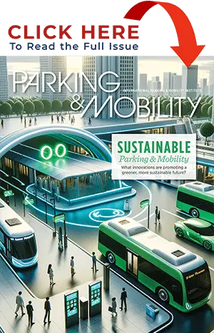 Cover of "urban mobility & smart cities" magazine highlighting sustainable parking and mobility solutions, featuring electric vehicles and futuristic infrastructure.