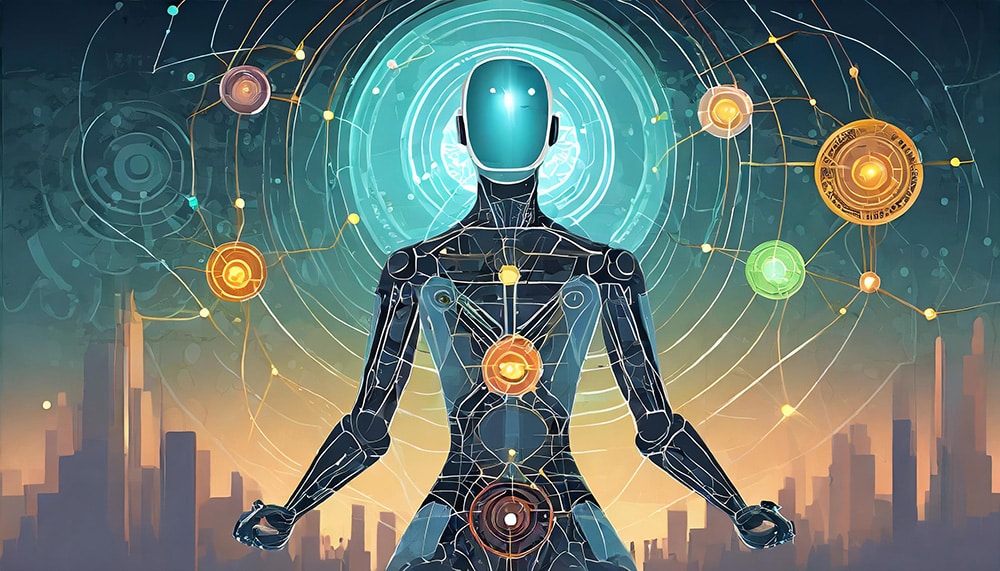 A futuristic robot with a humanoid form stands before a digital cityscape, surrounded by glowing, intricate data networks and symbols.