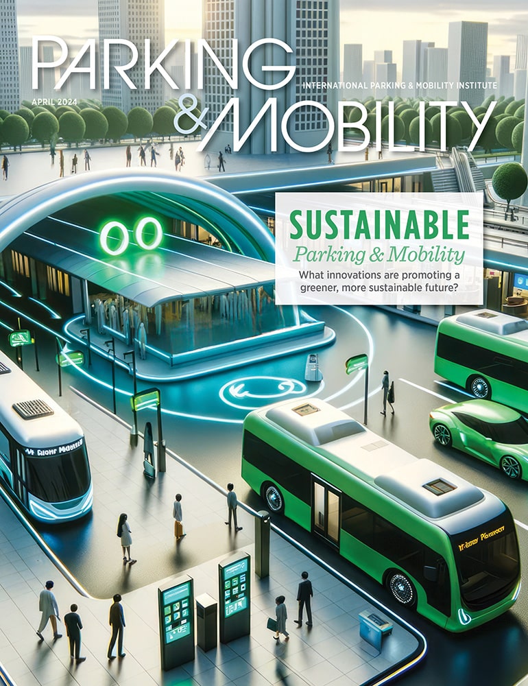 Futuristic transportation hub with modern electric vehicles and sustainable design, highlighted in a magazine cover about parking and mobility innovation.
