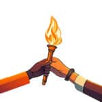 Illustration of two hands, one passing a burning torch to the other, symbolizing leadership transition or the sharing of knowledge.