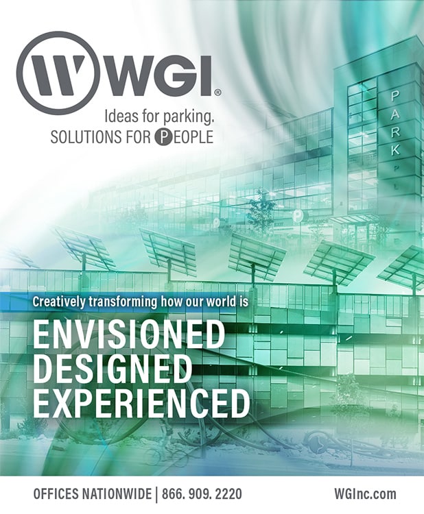 Advertisement for wgi showcasing their services for parking solutions with a contact number and emphasis on their nationwide presence.