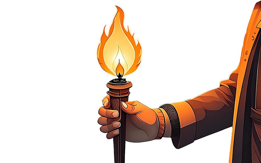 Arm holding a torch with a bright flame against a white background.