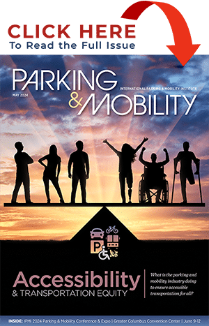 Cover of 'parking & mobility' magazine May 2014 featuring silhouettes of diverse people against a sunset, highlighting themes of sustainable mobility and transportation equity.