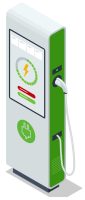 An electric car charging station with sustainable mobility options and a green screen.
