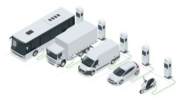 Isometric illustration of electric vehicles and charging stations.