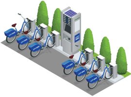 Isometric illustration of a sustainable bicycle parking station promoting mobility.