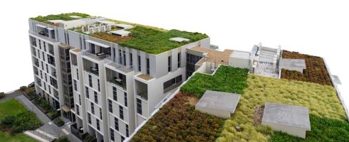 A sustainable image of a green roof on a building.